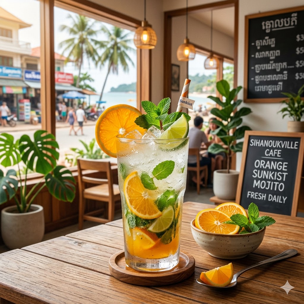 Orange Sunkist Mojito dengan jeruk segar dan soda
